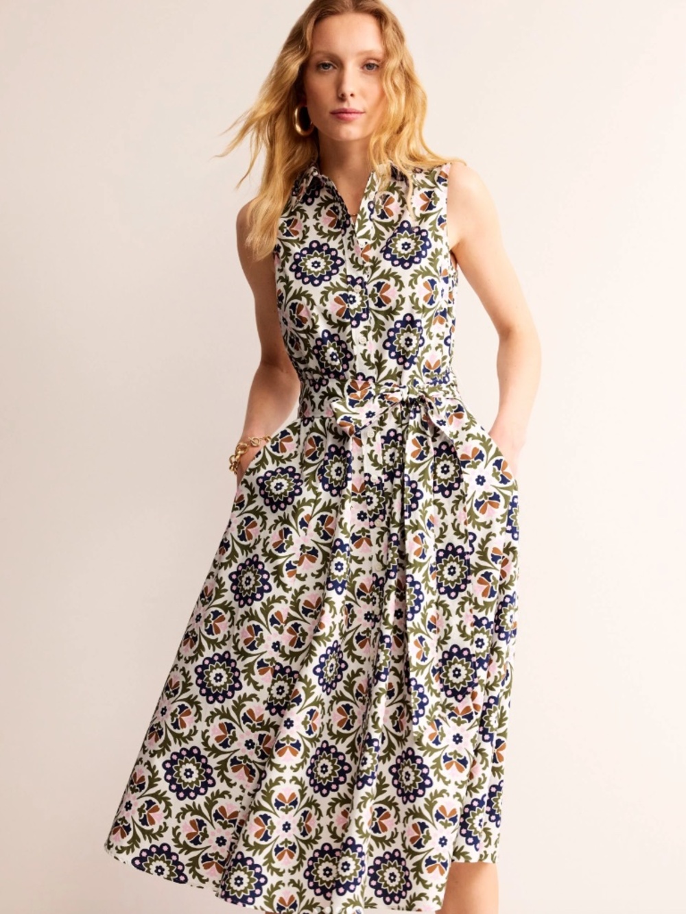 Boden Amy Sleeveless Shirt Dress in Mayfly, Mosaic Bloom